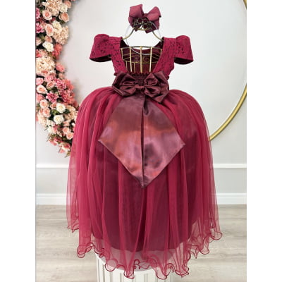 Vestido Infantil Marsala Renda Realeza e Pérolas Festa Damas