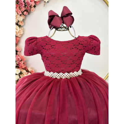 Vestido Infantil Marsala Renda Realeza e Pérolas Festa Damas