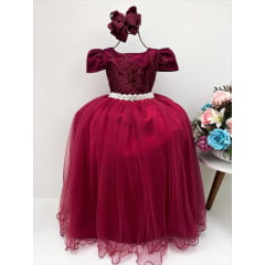 Vestido Infantil Marsala Renda Tule com Brilho Damas Honra