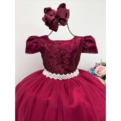 Vestido Infantil Marsala Renda Tule com Brilho Damas Honra