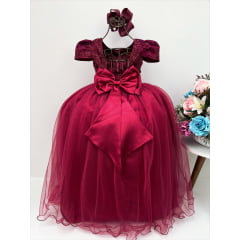 Vestido Infantil Marsala Renda Tule com Brilho Damas Honra