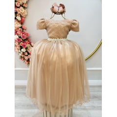 Vestido Infantil Nude C/ Tule e Renda Longo Dama Luxo