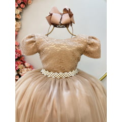 Vestido Infantil Nude C/ Tule e Renda Longo Dama Luxo