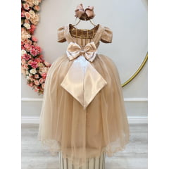 Vestido Infantil Nude C/ Tule e Renda Longo Dama Luxo