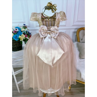 Vestido Infantil Nude Longo Damas C/ Renda Realeza Luxo