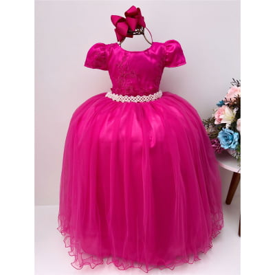 Vestido Infantil Pink Renda Pérolas Damas de Honra Casamento