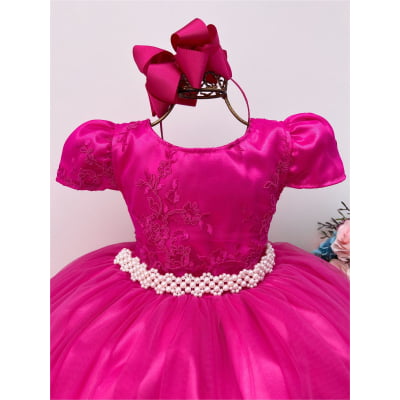 Vestido Infantil Pink Renda Pérolas Damas de Honra Casamento