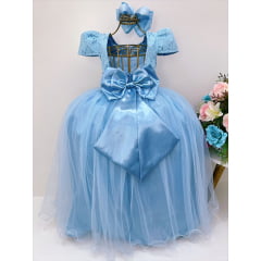 Vestido Infantil Realeza Azul C/ Renda e Pérolas Festa Luxo