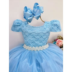 Vestido Infantil Realeza Azul C/ Renda e Pérolas Festa Luxo