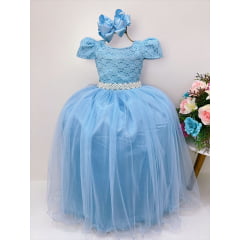 Vestido Infantil Realeza Azul C/ Renda e Pérolas Festa Luxo