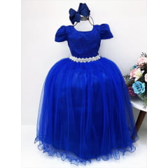 Vestido Infantil Realeza Azul Royal Renda Pérolas Festa Luxo