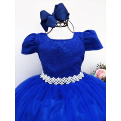 Vestido Infantil Realeza Azul Royal Renda Pérolas Festa Luxo