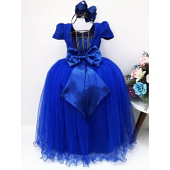 Vestido Infantil Realeza Azul Royal Renda Pérolas Festa Luxo