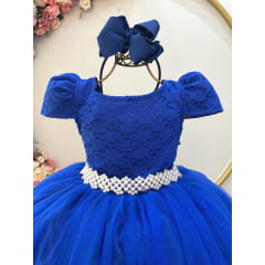 Vestido Infantil Realeza Azul Royal Renda Pérolas Festa Luxo