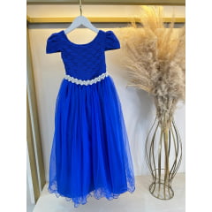 Vestido Infantil Realeza Azul Royal Renda Pérolas Festa Luxo