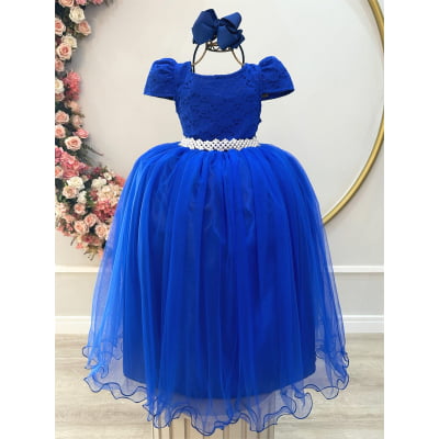 Vestido Infantil Realeza Azul Royal Renda Pérolas Festa Luxo
