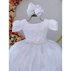 Vestido Infantil Realeza Branco C/ Renda Pérolas Festa Luxo