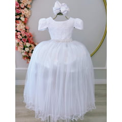 Vestido Infantil Realeza Branco C/ Renda Pérolas Festa Luxo