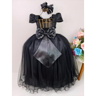 Vestido Infantil Realeza Preto C/ Renda e Pérolas Festa Luxo