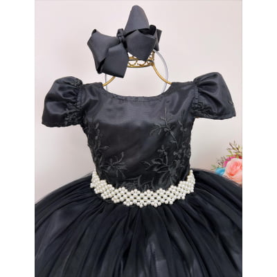 Vestido Infantil Realeza Preto C/ Renda e Pérolas Festa Luxo
