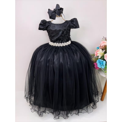Vestido Infantil Realeza Preto C/ Renda e Pérolas Festa Luxo