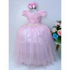 Vestido Infantil Realeza Rosa C/ Renda e Pérolas Festa Luxo