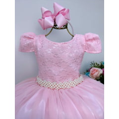 Vestido Infantil Realeza Rosa C/ Renda e Pérolas Festa Luxo