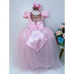 Vestido Infantil Realeza Rosa C/ Renda e Pérolas Festa Luxo