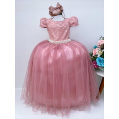 Vestido Infantil Realeza Rose C/ Renda e Pérolas Festa Luxo