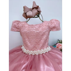 Vestido Infantil Realeza Rose C/ Renda e Pérolas Festa Luxo