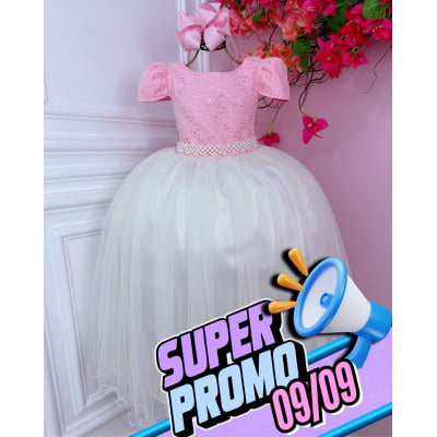 Vestido Infantil Rosa C/ Renda e Saia Off White Damas Longo