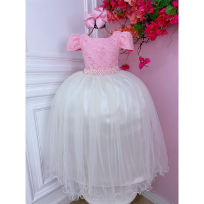 Vestido Infantil Damas Longo, Rosa/Off White, em Cetim, Renda e Tule