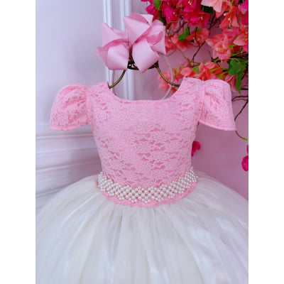 Vestido Infantil Damas Longo, Rosa/Off White, em Cetim, Renda e Tule