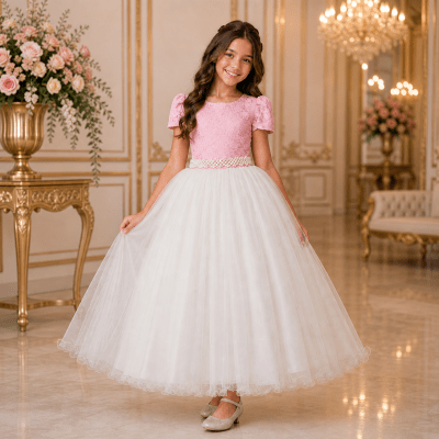 Vestido Infantil Damas Longo, Rosa/Off White, em Cetim, Renda e Tule