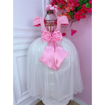 Vestido Infantil Damas Longo, Rosa/Off White, em Cetim, Renda e Tule