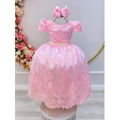 Vestido Infantil Rosa C/ Renda Realeza Casamento Festas