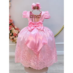 Vestido Infantil Rosa C/ Renda Realeza Casamento Festas