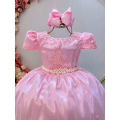 Vestido Infantil Rosa C/ Renda Realeza Casamento Festas