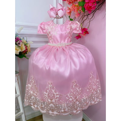 Vestido Infantil Rosa C/ Renda Realeza e Cinto de Pérolass