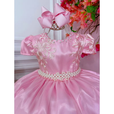 Vestido Infantil Rosa C/ Renda Realeza e Cinto de Pérolass