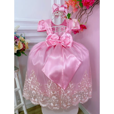 Vestido Infantil Rosa C/ Renda Realeza e Cinto de Pérolass