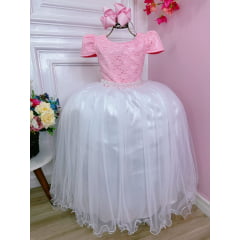 Vestido Infantil Rosa C/ Renda Saia Branca Damas Longo