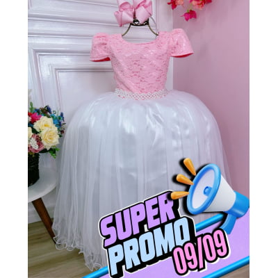 Vestido Infantil Rosa C/ Renda Saia Branca Damas Longo
