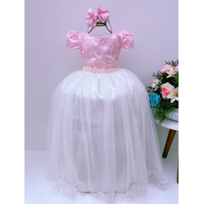 Vestido Infantil Rosa com Renda Brilho Saia Off Damas Longo