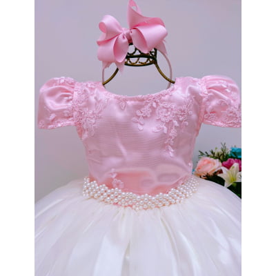 Vestido Infantil Rosa com Renda Brilho Saia Off Damas Longo