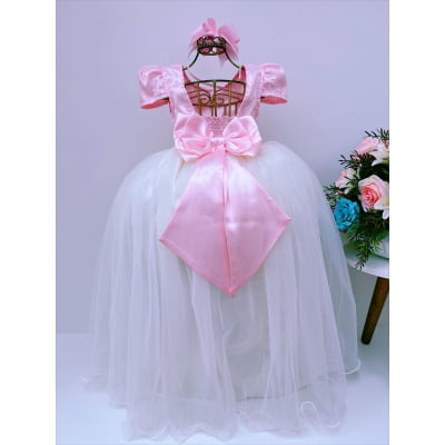 Vestido Infantil Rosa com Renda Brilho Saia Off Damas Longo