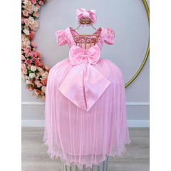 Vestido Infantil Rosa Realeza C/ Renda e Pérolas Damas