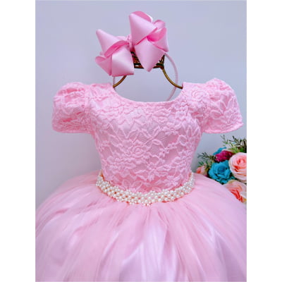 Vestido Infantil Rosa Tule Renda Longo Dama Luxo Casamento