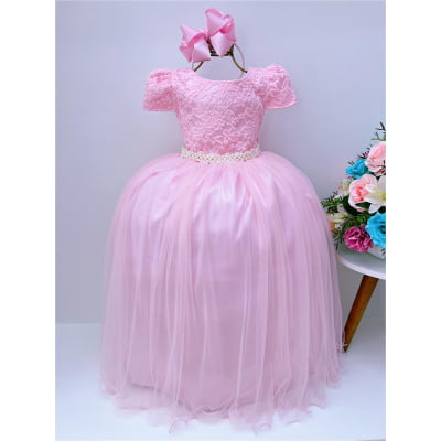 Vestido Infantil Rosa Tule Renda Longo Dama Luxo Casamento