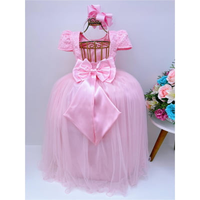 Vestido Infantil Rosa Tule Renda Longo Dama Luxo Casamento